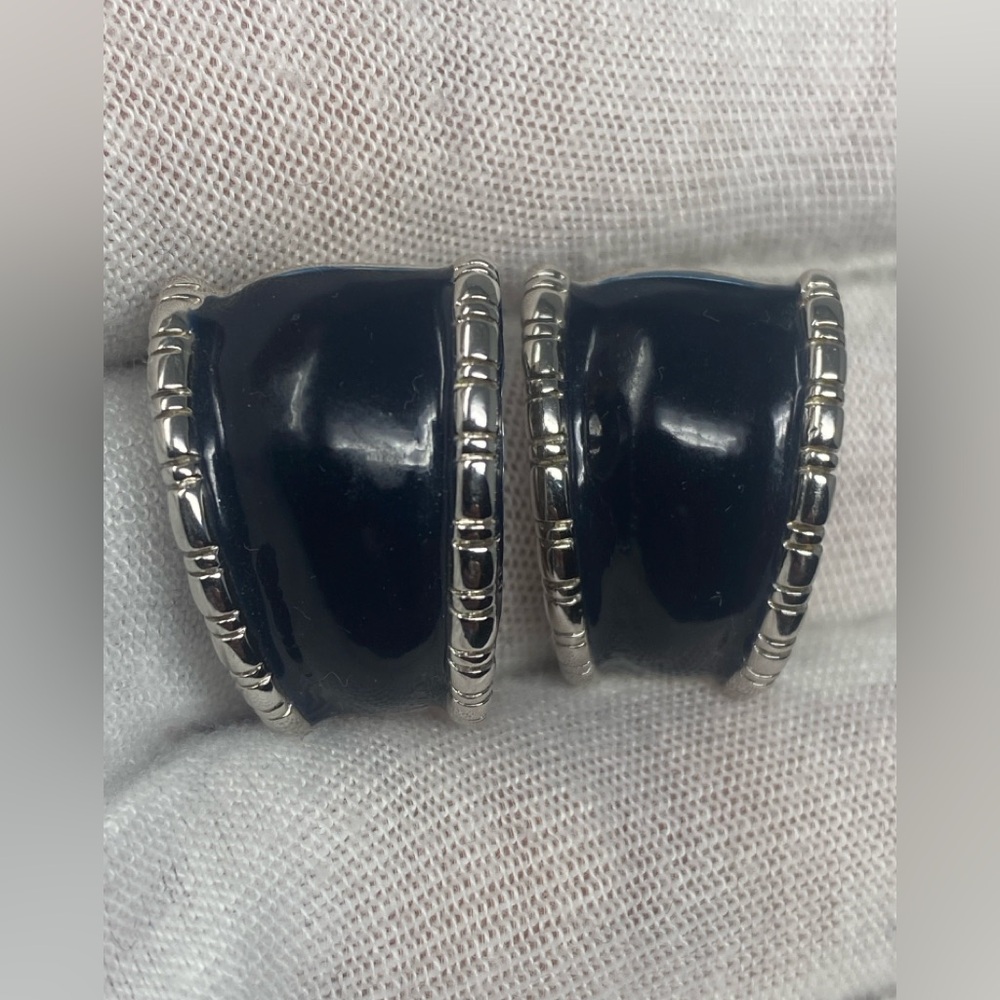 St. John Vintage Black Half Hoop Silver  Clip On Earrings - Picture 15 of 15